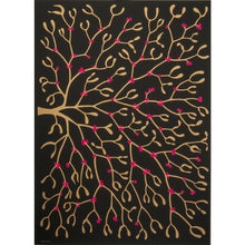 Black wrapping paper decorated with a branching mistletoe design in gold and accented with bright pink berries.