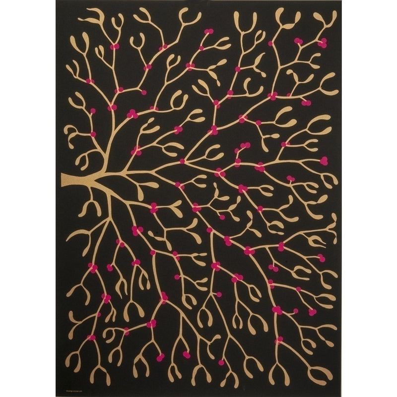 Black wrapping paper decorated with a branching mistletoe design in gold and accented with bright pink berries.