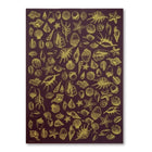 A deep eggplant wrapping paper with a rich, elegant feel, decorated with detailed seashell and starfish illustrations in shimmering gold, creating a luxurious and timeless maritime pattern.