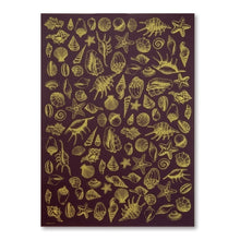 A deep eggplant wrapping paper with a rich, elegant feel, decorated with detailed seashell and starfish illustrations in shimmering gold, creating a luxurious and timeless maritime pattern.