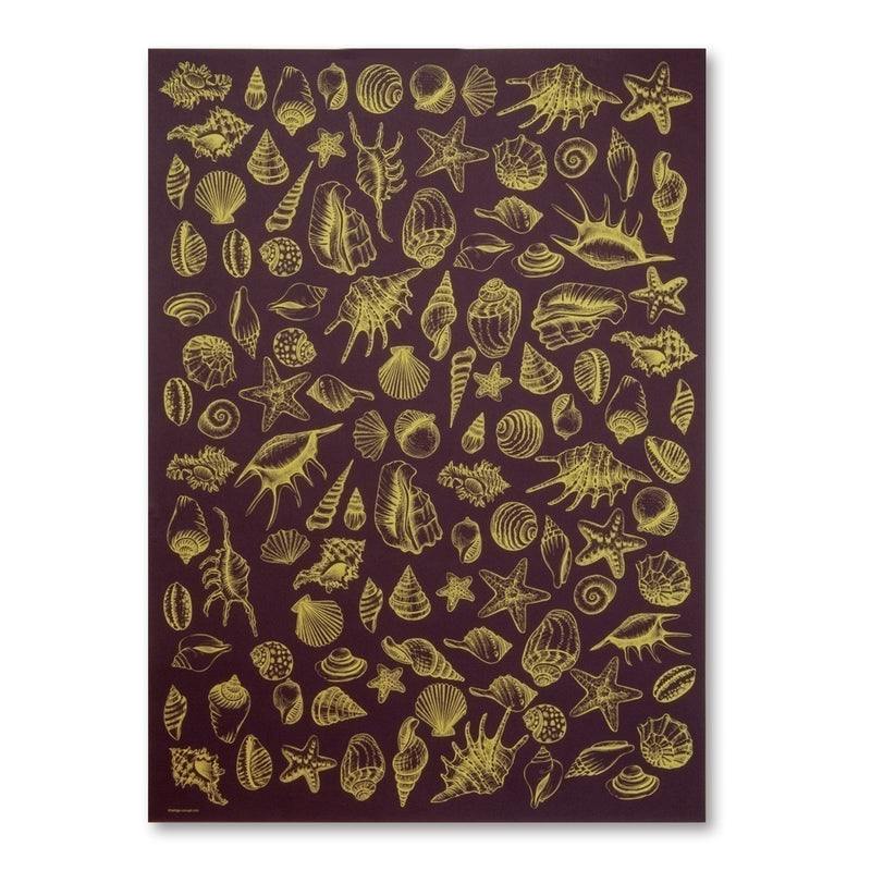 A deep eggplant wrapping paper with a rich, elegant feel, decorated with detailed seashell and starfish illustrations in shimmering gold, creating a luxurious and timeless maritime pattern.