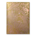 A gold-toned wrapping paper with a soft metallic sheen, covered in delicate botanical illustrations of birds, branches, and leaves in a pale pink finish.