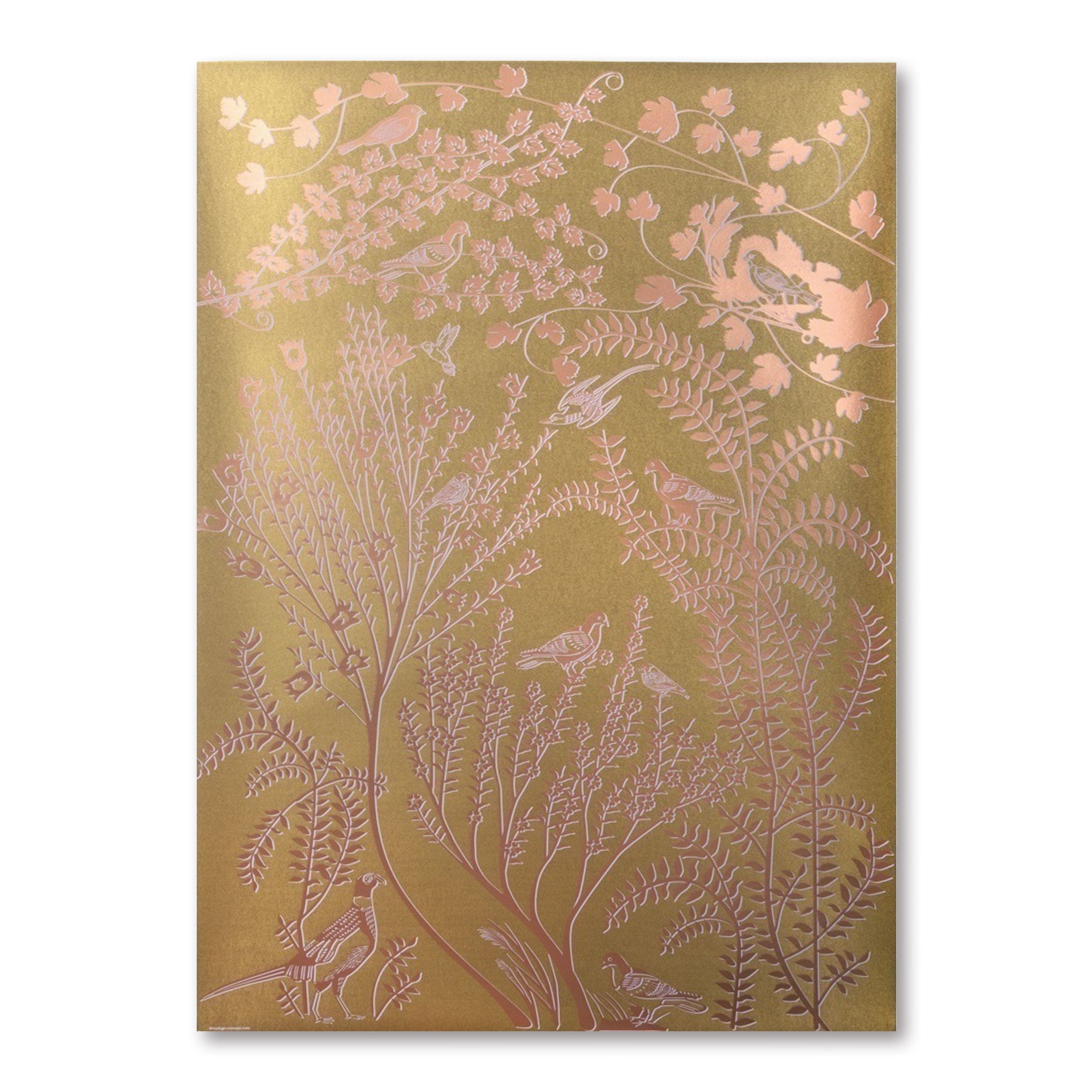 A gold-toned wrapping paper with a soft metallic sheen, covered in delicate botanical illustrations of birds, branches, and leaves in a pale pink finish.
