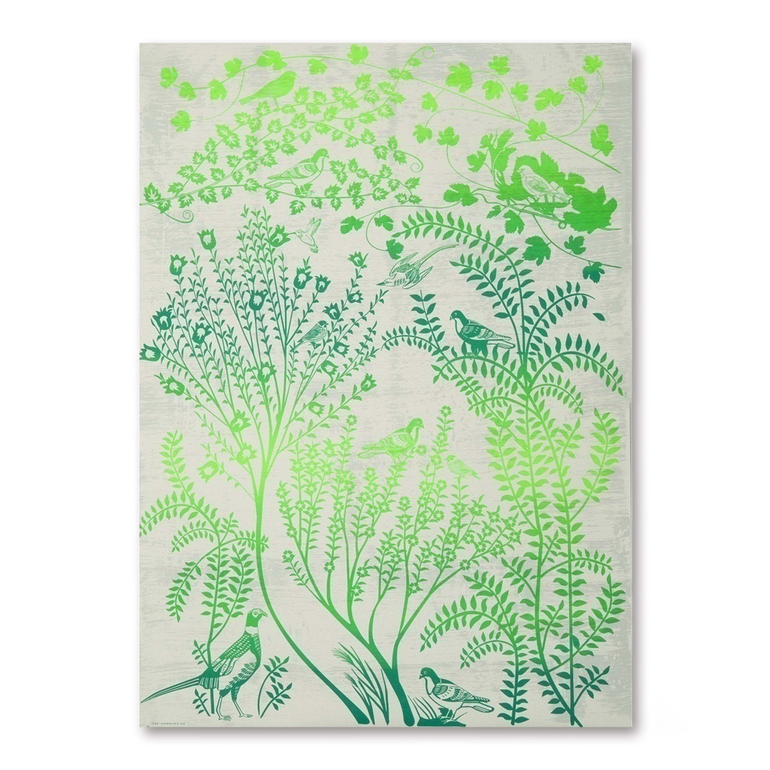 A light, textured wrapping paper featuring an all-over pattern of leafy plants and small birds, printed in layered shades of fresh green.