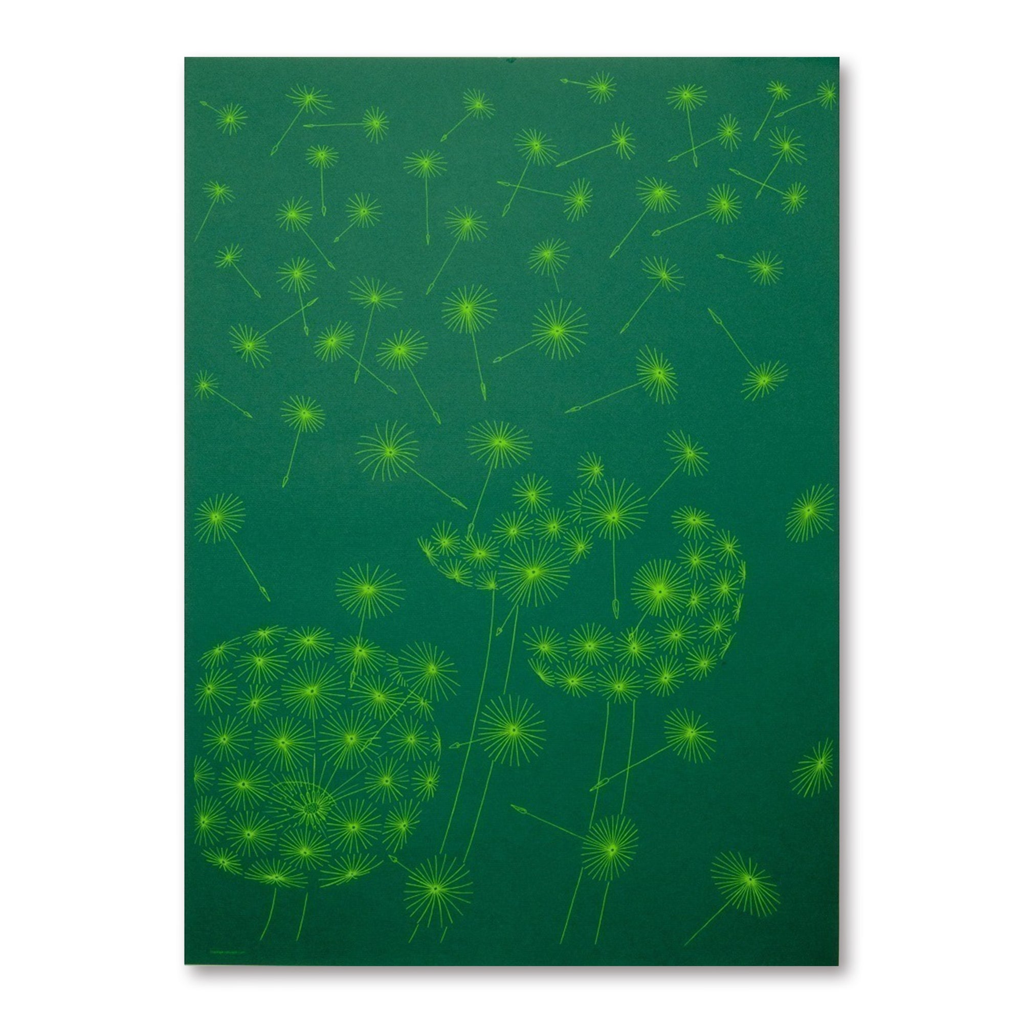 A green gift wrap sheet covered with fine, bright-green dandelion motifs, scattered across the surface as if gently drifting in the air.
