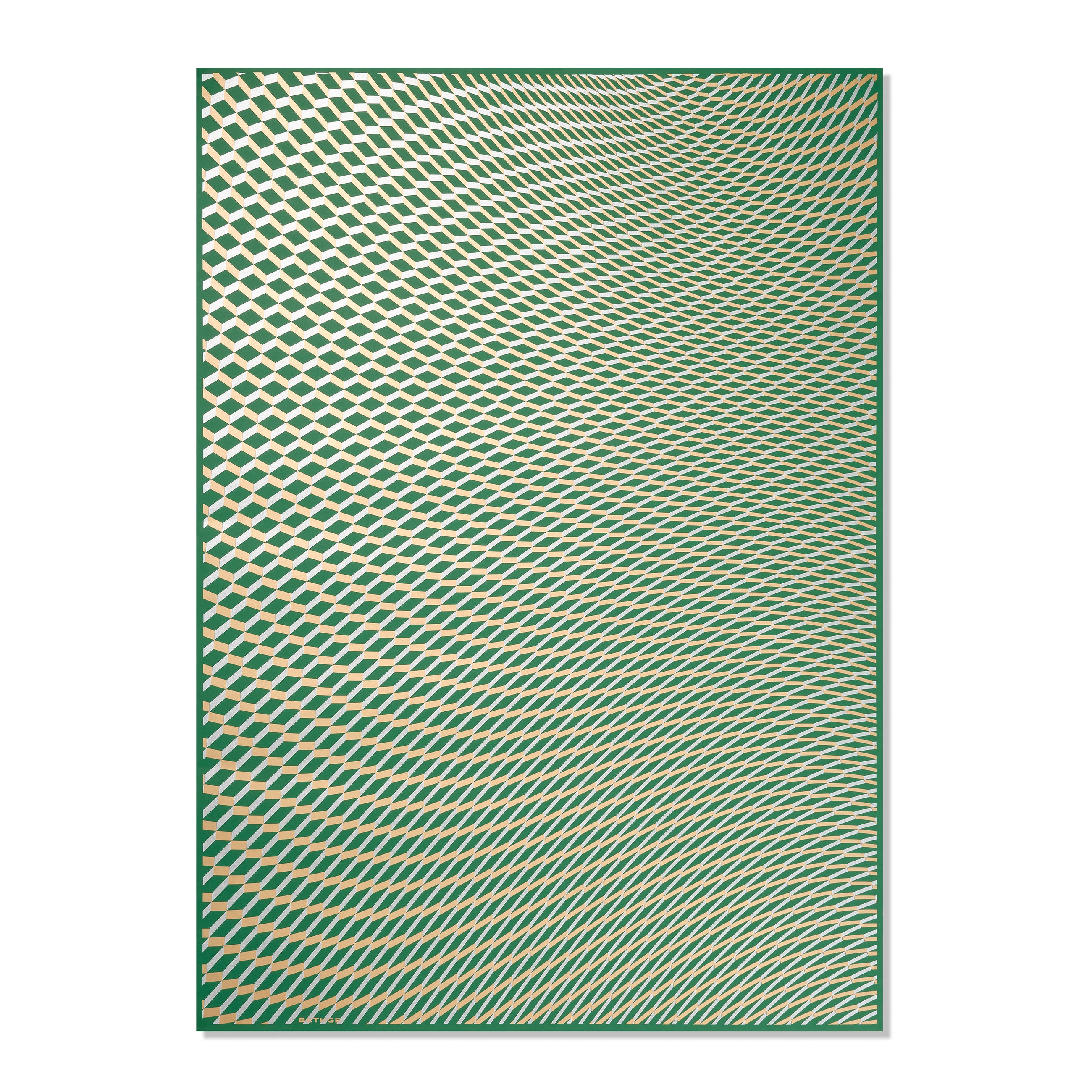 A geometric wrapping paper design in green, gold, and silver, made up of repeating angled shapes that create a dynamic, woven optical pattern.