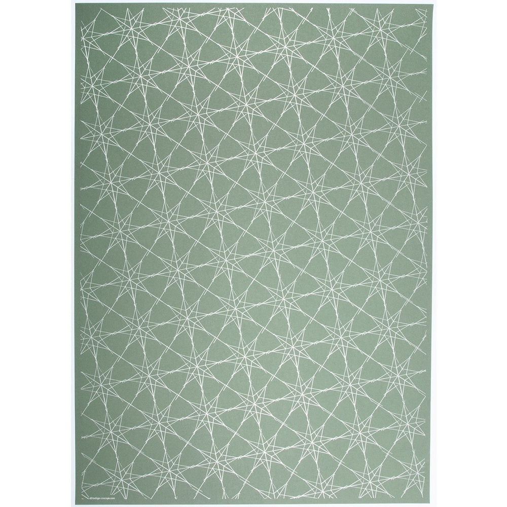 Green wrapping paper decorated with a repeating pattern of interwoven silver star outlines, forming a delicate and festive design.