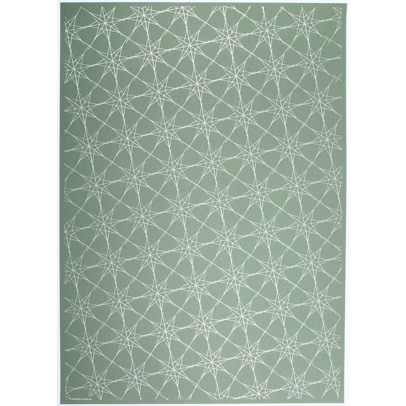 Green wrapping paper decorated with a repeating pattern of interwoven silver star outlines, forming a delicate and festive design.
