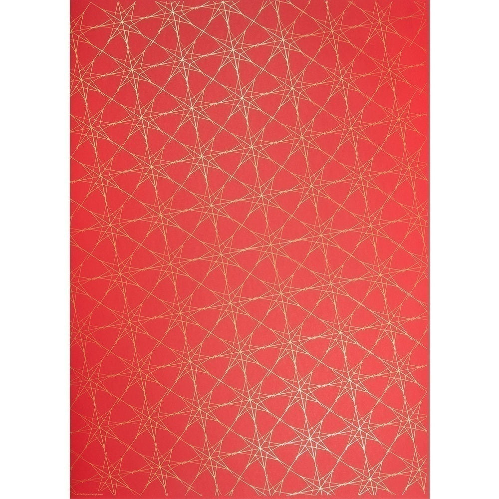 Red wrapping paper decorated with a repeating pattern of interwoven gold star outlines, creating a festive geometric effect.