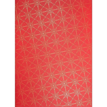 Red wrapping paper decorated with a repeating pattern of interwoven gold star outlines, creating a festive geometric effect.
