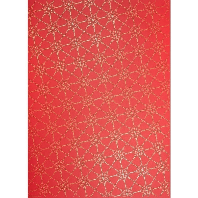 Red wrapping paper decorated with a repeating pattern of interwoven gold star outlines, creating a festive geometric effect.