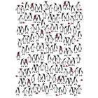 White wrapping paper patterned with groups of illustrated penguins, some wearing red scarves or earmuffs and others holding red ornaments, creating a playful festive design.