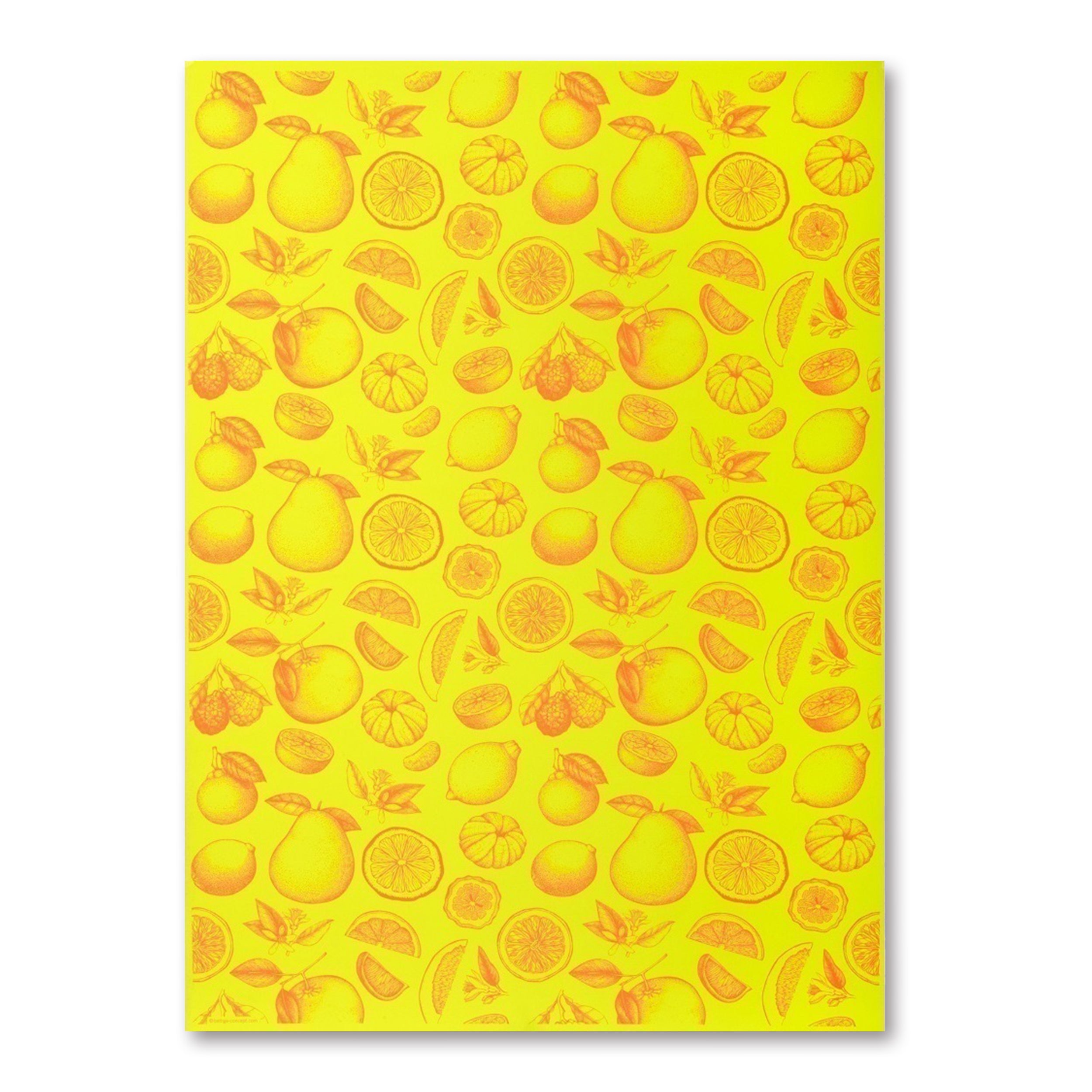 A bright yellow wrapping paper with a lively matte finish, featuring an all-over pattern of citrus fruits, leaves, and slices illustrated in warm orange tones for a fresh, playful look.