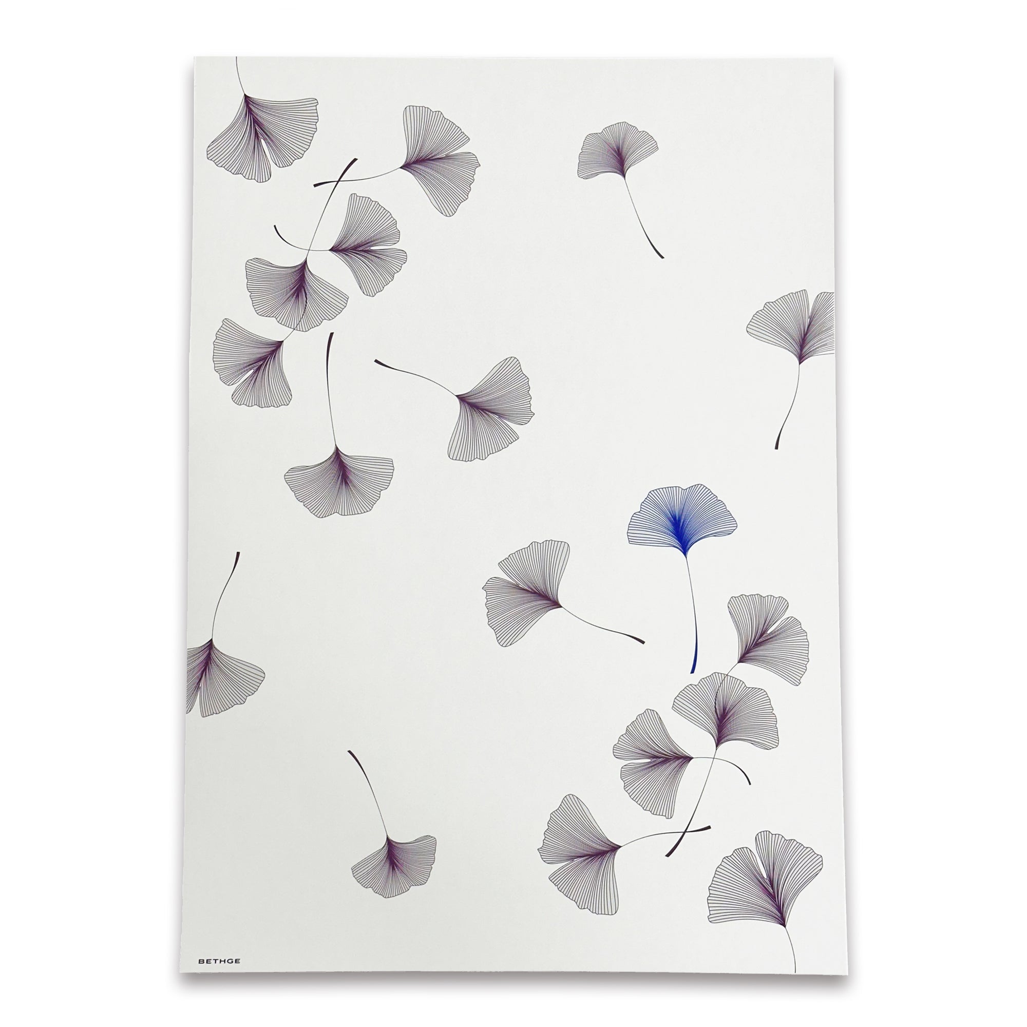 A soft ivory wrapping paper scattered with delicate ginkgo leaves drawn in fine, flowing lines, featuring subtle accents in muted violet and cool blue tones.