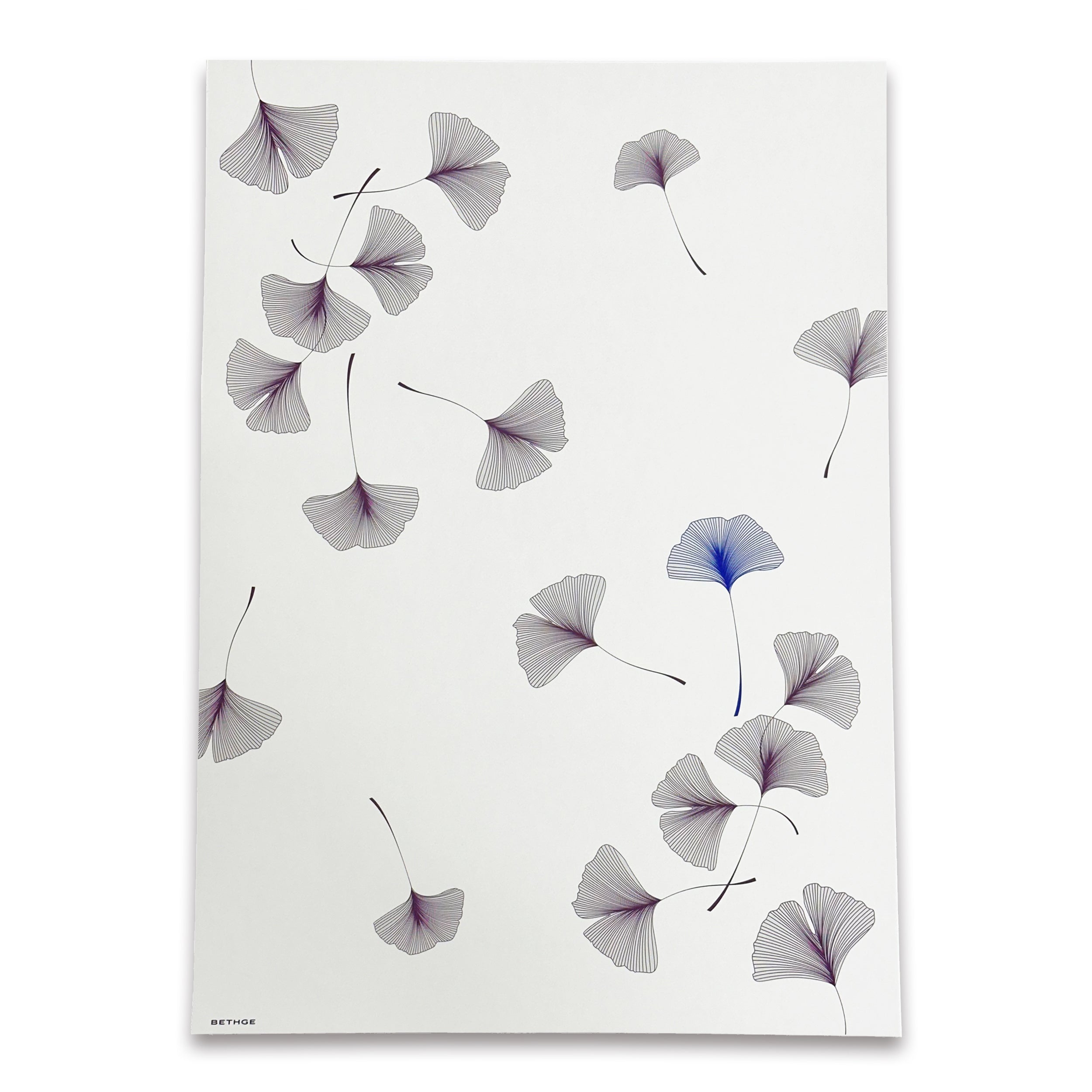 A soft ivory wrapping paper scattered with delicate ginkgo leaves drawn in fine, flowing lines, featuring subtle accents in muted violet and cool blue tones.