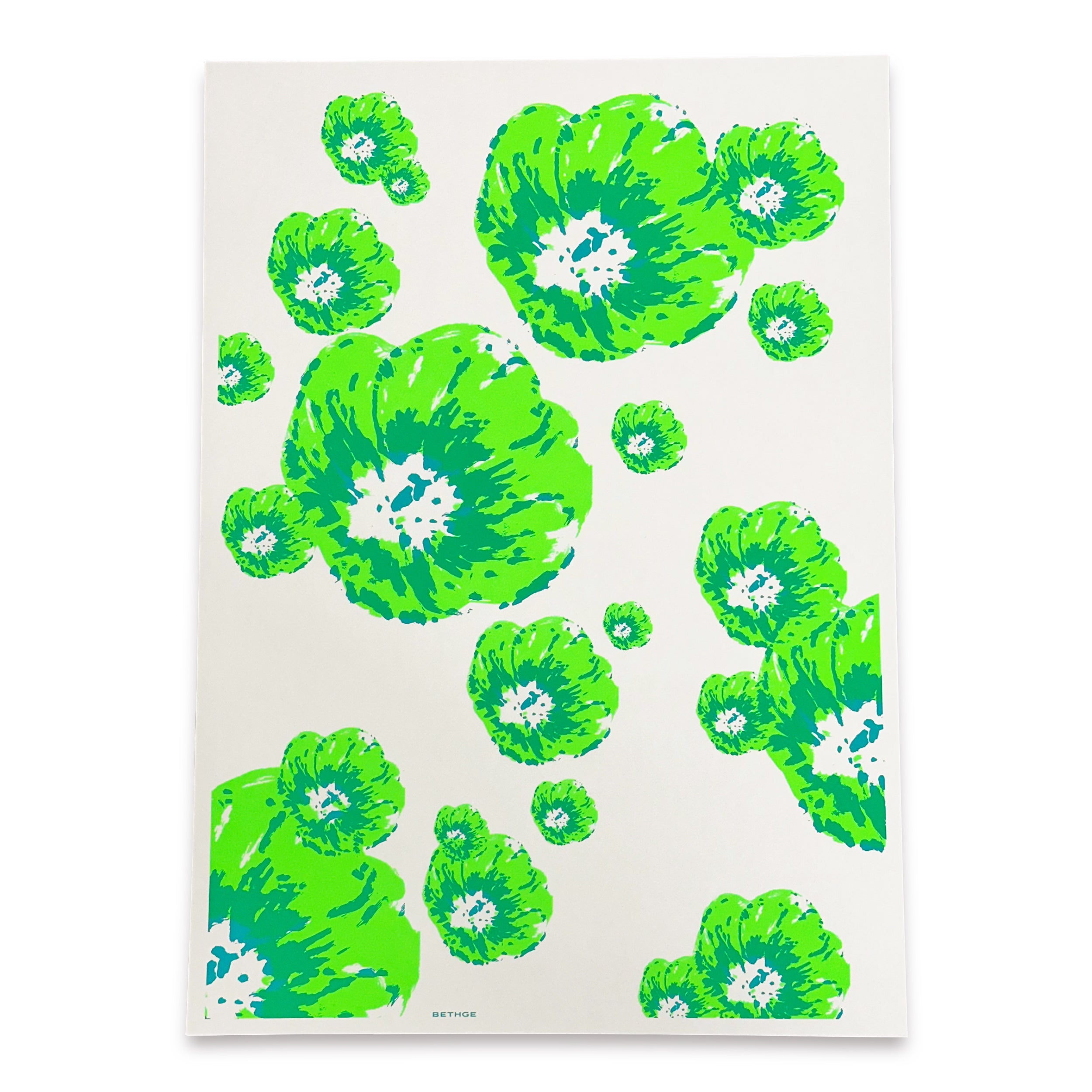 A white wrapping paper featuring bold, oversized poppy-style flowers in vibrant neon green, with painterly brushstroke textures and scattered blooms creating a modern, expressive look.