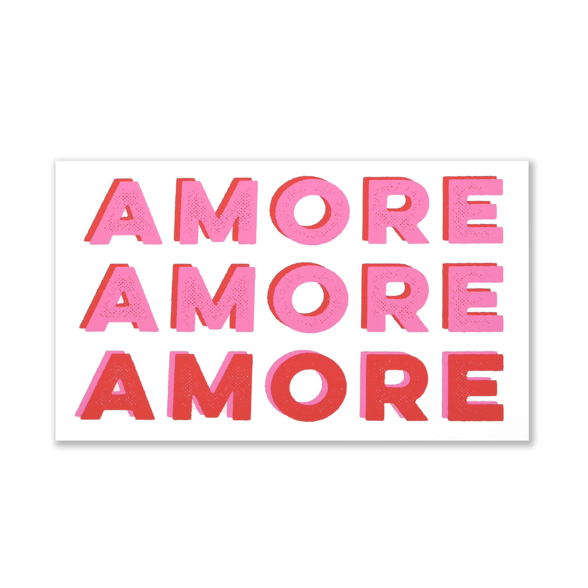 Greeting card with the word “AMORE” repeated three times in bold pink and red block lettering on a clean white background.