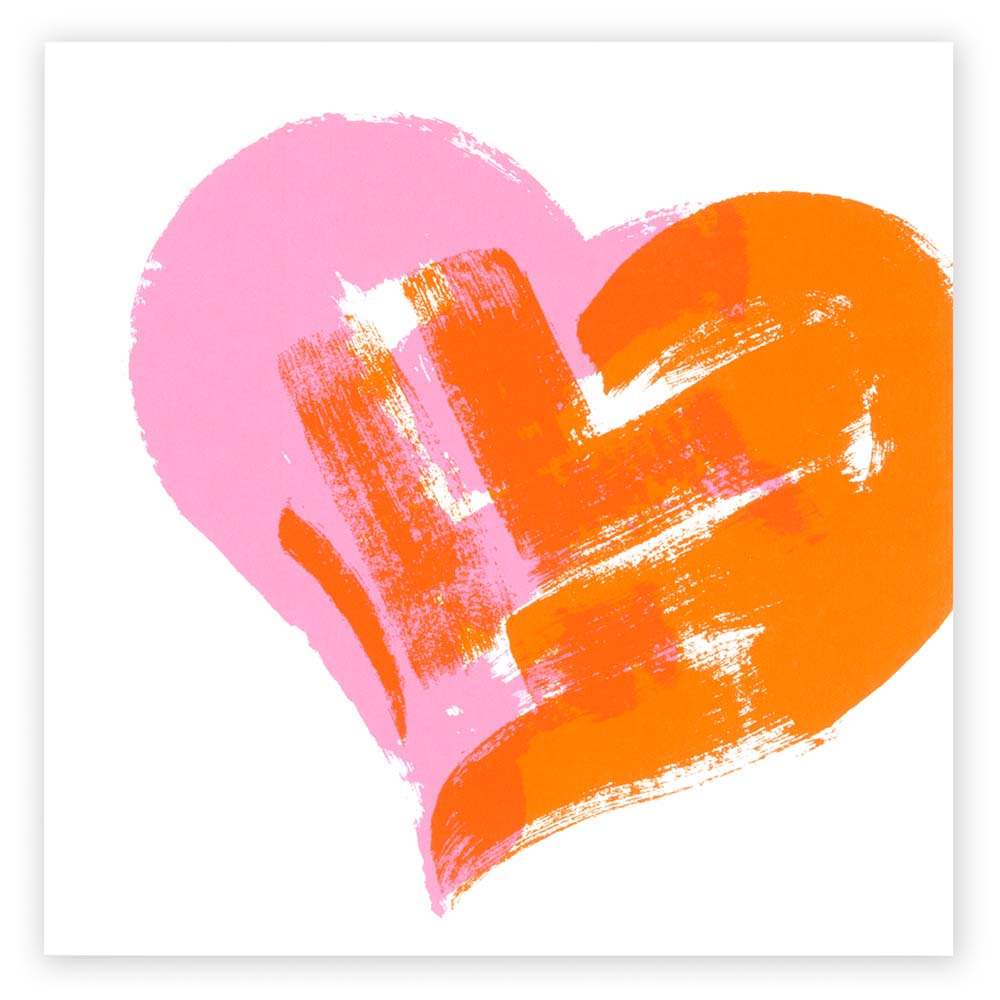 Greeting card featuring a large abstract heart formed by layered neon pink and vivid orange paint strokes on a white background, presented flat to showcase the full minimalist illustration.