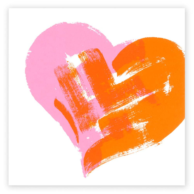 Greeting card featuring a large abstract heart formed by layered neon pink and vivid orange paint strokes on a white background, presented flat to showcase the full minimalist illustration.