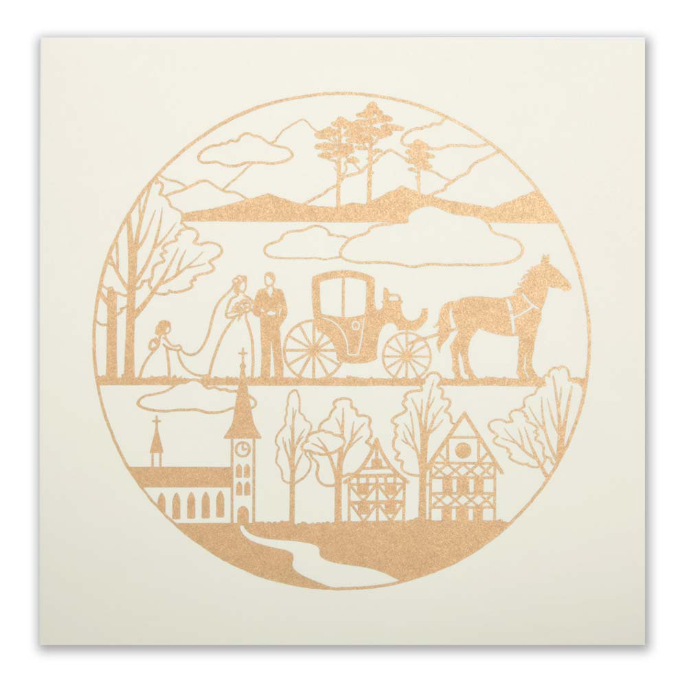 The full front of an ivory card featuring a detailed circular gold wedding illustration with landscape and village elements.