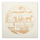 The full front of an ivory card featuring a detailed circular gold wedding illustration with landscape and village elements.