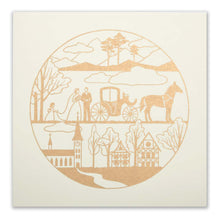 The full front of an ivory card featuring a detailed circular gold wedding illustration with landscape and village elements.