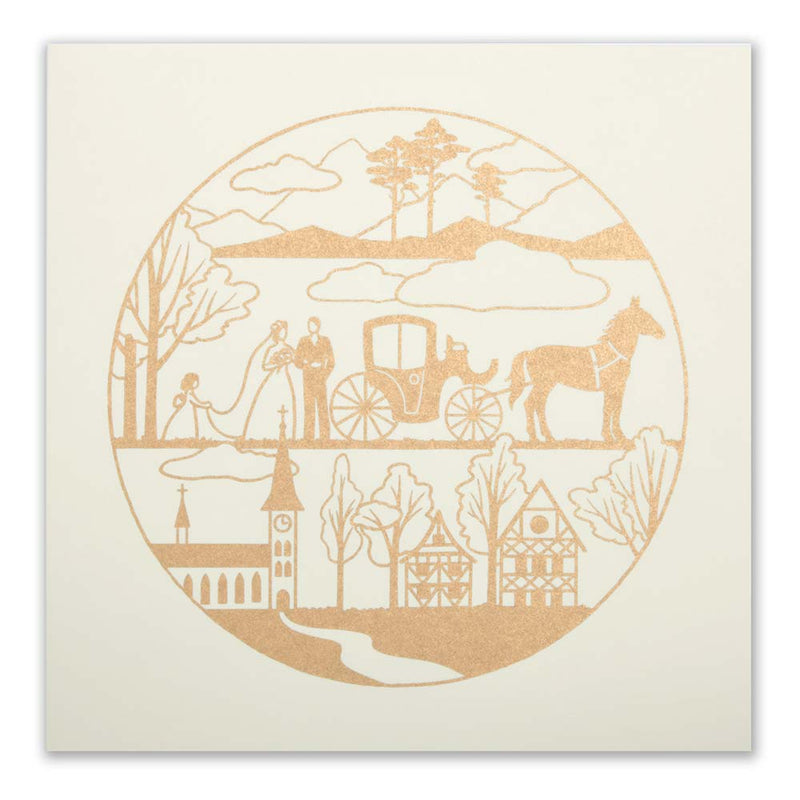 The full front of an ivory card featuring a detailed circular gold wedding illustration with landscape and village elements.