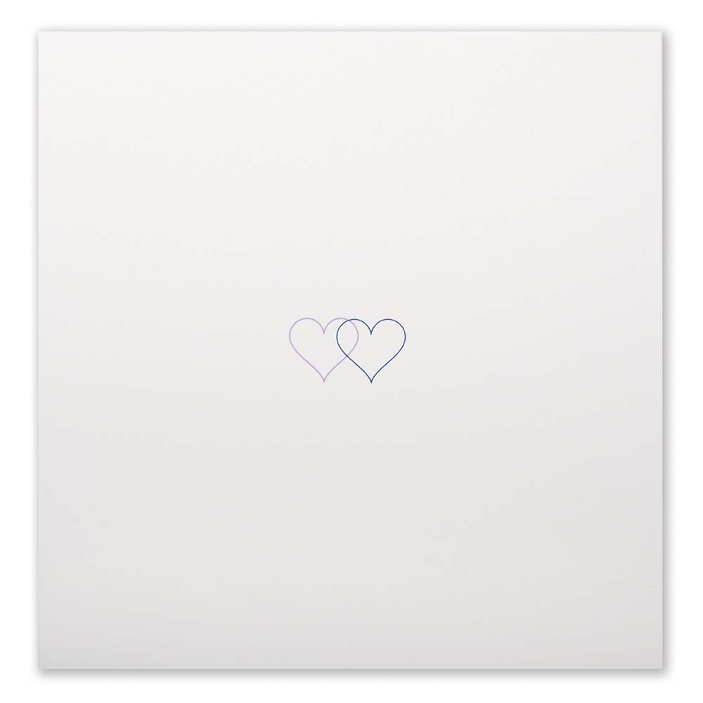 An ivory greeting card shown flat with two small overlapping hearts in pink and gold set against a clean, minimal background.
