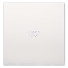 An ivory greeting card shown flat with two small overlapping hearts in pink and gold set against a clean, minimal background.
