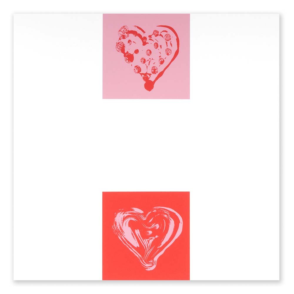 Greeting card with a minimalist design, featuring a two-panel composition with a red heart on a pink square above and a light-pink heart on a red square below, centered on a white background.