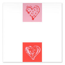 Greeting card with a minimalist design, featuring a two-panel composition with a red heart on a pink square above and a light-pink heart on a red square below, centered on a white background.