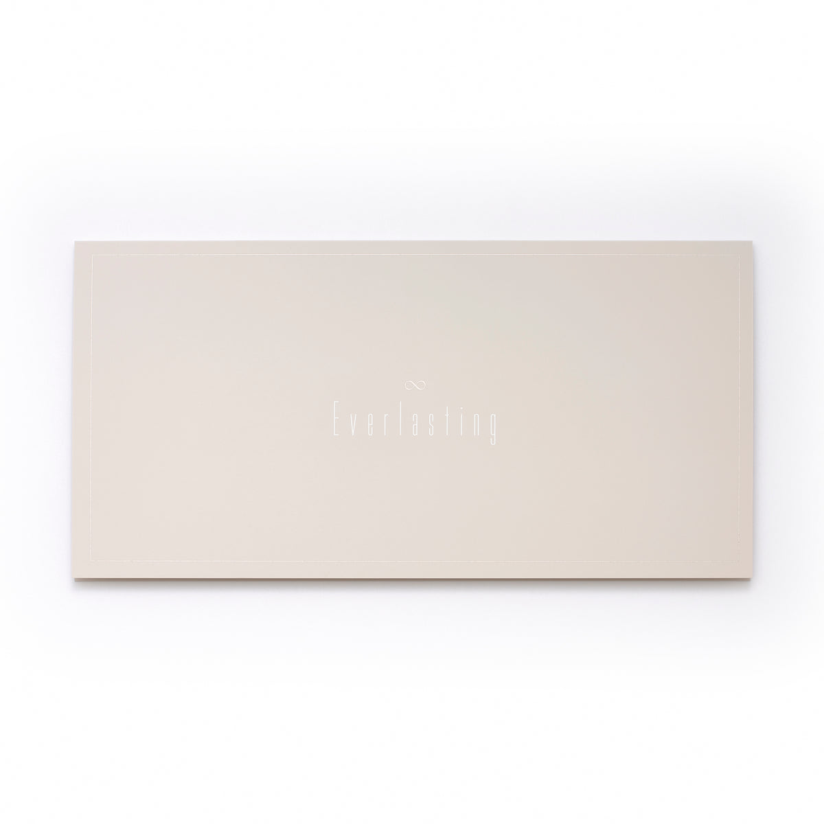 A flat beige card with a minimal border and the word “Everlasting” centered in delicate white lettering, topped by a small infinity symbol.