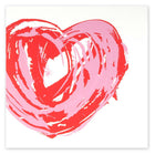 Greeting card with a bold, abstract heart painted in layered red and pastel pink brushstrokes on a clean white background, presented flat to show the full artwork.
