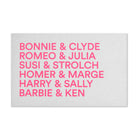 Greeting card with a clean typographic layout, displaying neon-pink names of famous couples arranged in stacked lines on a textured light grey background.
