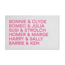 Greeting card with a clean typographic layout, displaying neon-pink names of famous couples arranged in stacked lines on a textured light grey background.