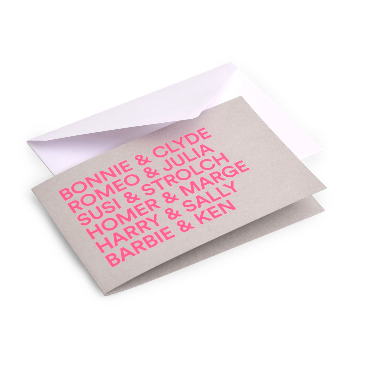 Greeting card with a minimalist design, featuring bold neon-pink text listing iconic couples on a soft grey background, shown partially open with a white envelope behind it.