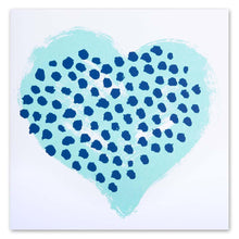 Greeting card with a minimalist design, featuring a painterly turquoise heart patterned with dark blue dots, centered on the card and shown straight-on.