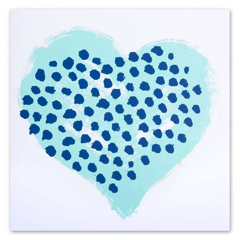 Greeting card with a minimalist design, featuring a painterly turquoise heart patterned with dark blue dots, centered on the card and shown straight-on.