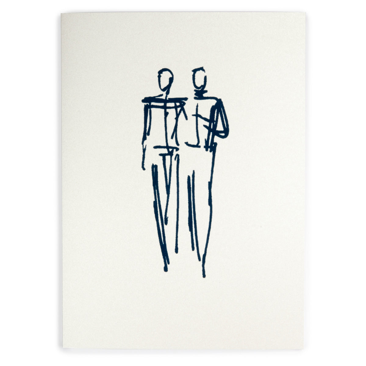 A silver card with a simple blue sketch of two male figures walking close together, drawn in quick, expressive lines.