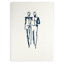 A silver card with a simple blue sketch of two male figures walking close together, drawn in quick, expressive lines.