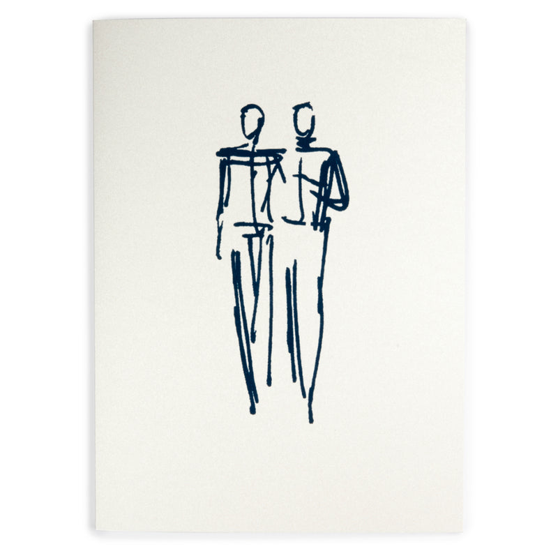 A silver card with a simple blue sketch of two male figures walking close together, drawn in quick, expressive lines.