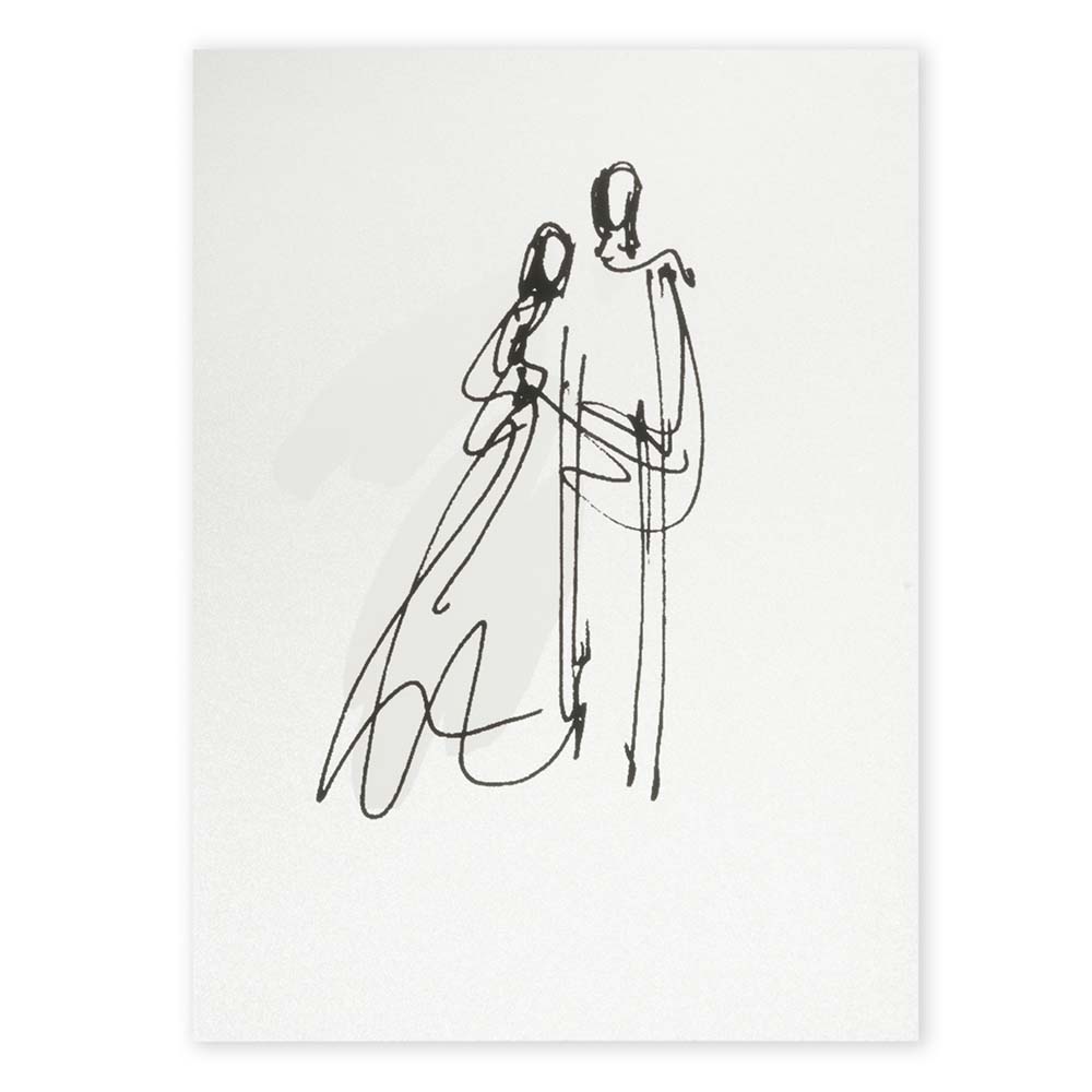 A pearlescent white greeting card shown straight on, with a simple black line drawing of a couple centered against the softly shimmering surface.