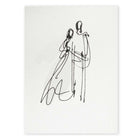 A pearlescent white greeting card shown straight on, with a simple black line drawing of a couple centered against the softly shimmering surface.