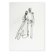 A pearlescent white greeting card shown straight on, with a simple black line drawing of a couple centered against the softly shimmering surface.