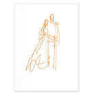 A white greeting card shown flat, with a delicate gold line illustration of a couple centered on the surface.