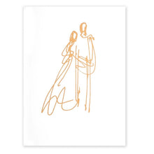 A white greeting card shown flat, with a delicate gold line illustration of a couple centered on the surface.