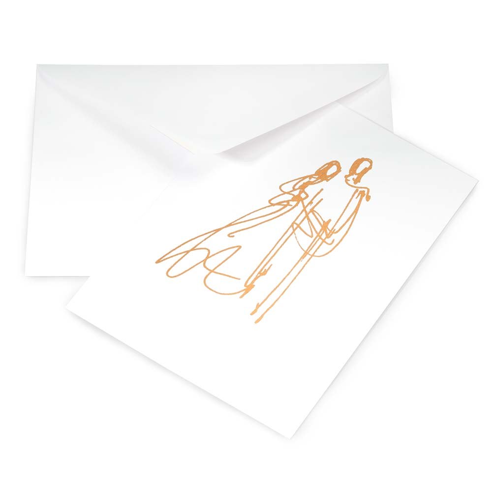 A white greeting card shown partly pulled from a white envelope, featuring a loose gold line drawing of a couple standing close together.