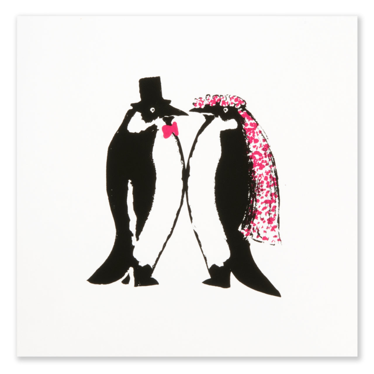 A flat view of the greeting card front, showing the penguin couple illustration clearly against a plain white background.