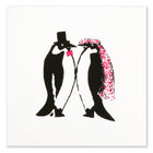 A flat view of the greeting card front, showing the penguin couple illustration clearly against a plain white background.
