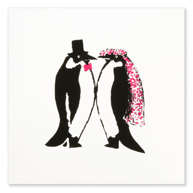 A flat view of the greeting card front, showing the penguin couple illustration clearly against a plain white background.